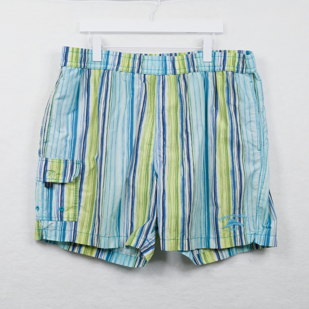 TOMMY BAHAMA Striped Mesh Lined Swim Trunks Cargo Pocket Blue Green Sz XL